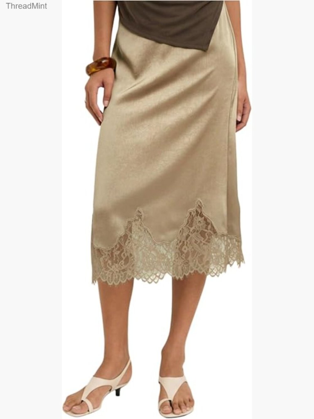 Elegant Lace Trim High Waisted A Line Midi Skirt Party